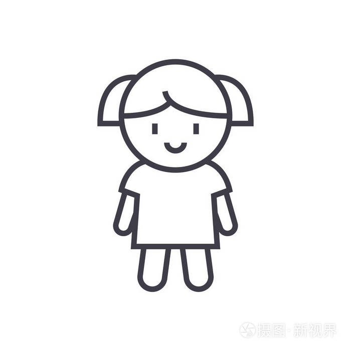 女孩娃娃矢量线图标, 标志, 插图背景,可编辑笔触插画-正版商用图片0