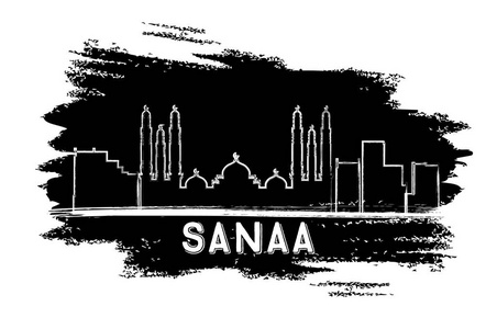萨那 也门 天际线轮廓。手的素描画