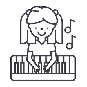 女孩在玩钢琴矢量线图标 标志 插图背景，可编辑笔触