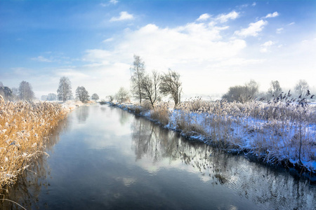 景观的河在春雪融化和蓝蓝的天空
