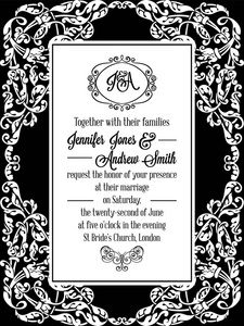 绫在黑色和白色的婚礼邀请维多利亚精致框架设计。花被漩涡会标头巴洛克风格元素