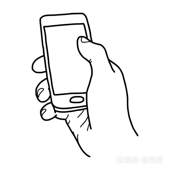 右手握着小小的手机与空白空间-矢量图草图手绘与孤立的白色背景上的