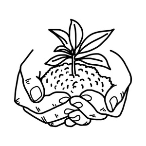 植物生长背景图生长中的植物与土壤中手矢量图草图手绘与孤立的白色