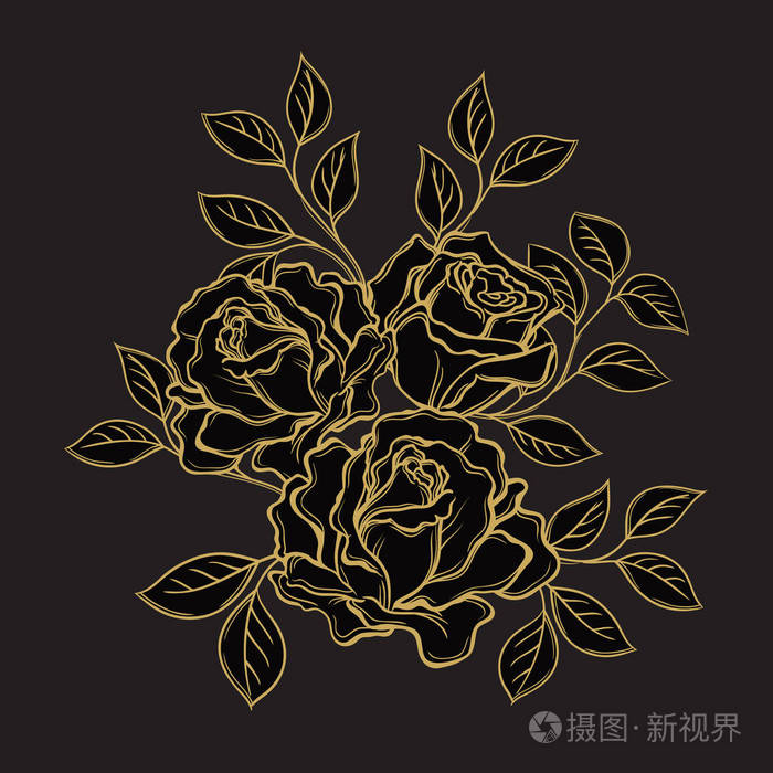 金黄色的玫瑰花朵和叶子在黑色背景上.手绘 v