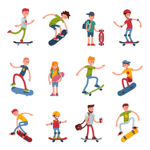 青年滑板活跃人运动极端活跃滑板城市跳跃技巧矢量插图