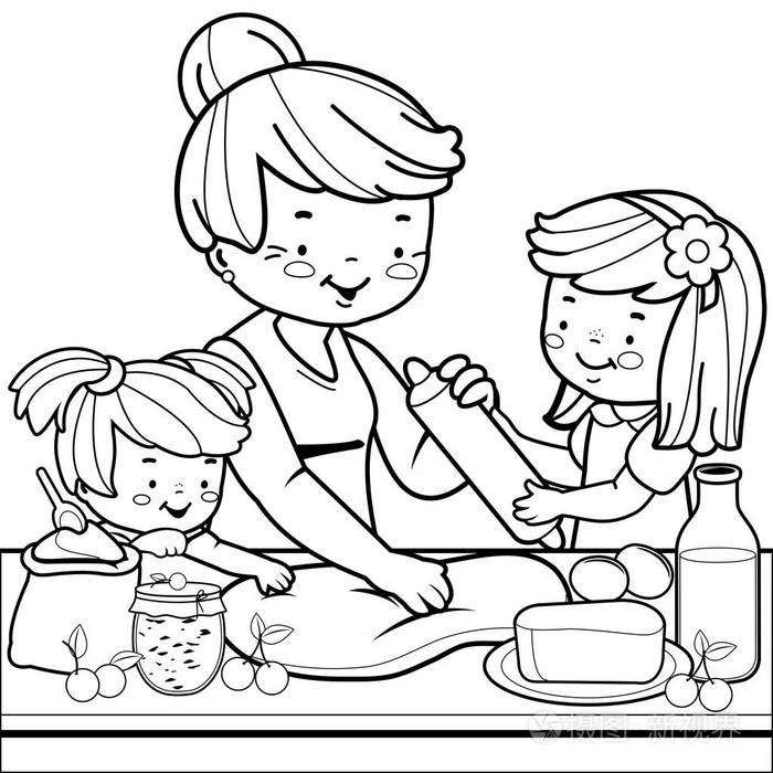 祖母和孩子在厨房做饭.着色书页插画-正版商用图片0coamo-摄图新视界