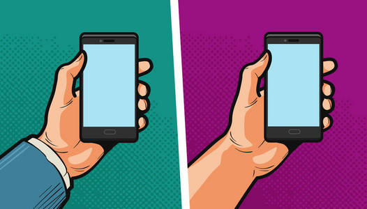 智能手机,移动电话在手里.漫画的风格设计.卡通矢量图照片