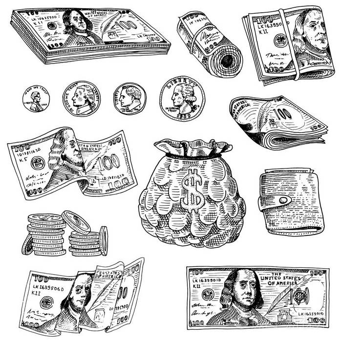 刻的手绘在旧的素描样式,老式钱条例草案图标.我们的财务成功.