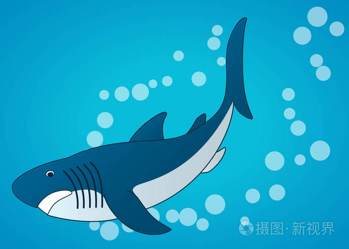 鲨鱼海水下背景平面卡通矢量插图