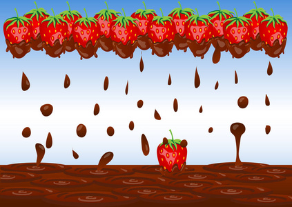 草莓果在巧克力和巧克力在蓝色背景上的一朵浪花中的帧。飞溅的巧克力