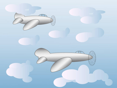 两个卡通飞机飞在天空光云间图片