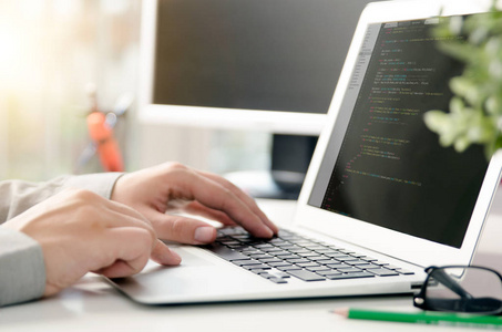 程序员的工作忙的软件开发公司办公室编码, 程序员, 笔记本电脑, 互联