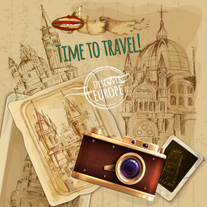 欧洲旅游带相机老式的海报图片
