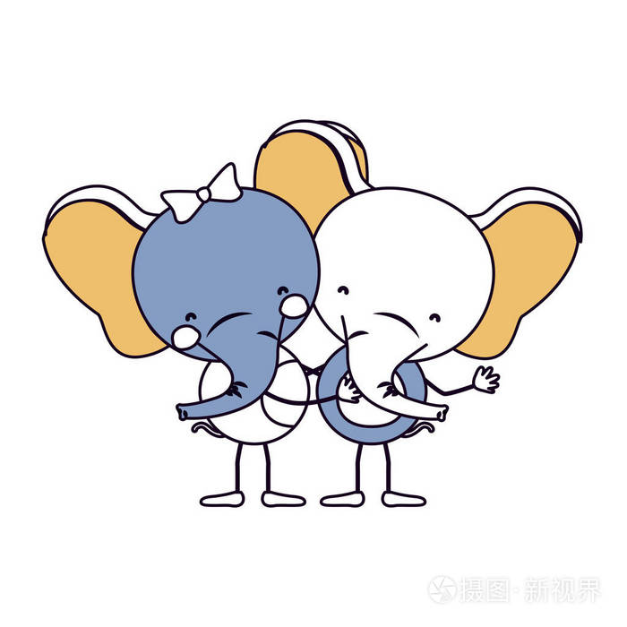 轮廓颜色部分漫画与大象情侣拥抱