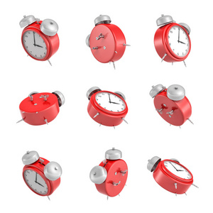 一整套的孤立的白色背景上的双金属铃铛红色的老式闹钟的 3d 渲染
