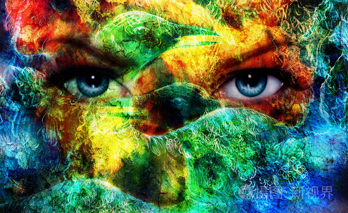 喜上眉梢,美丽的蓝色妇女眼睛颜色羽毛效果, 鸟凤凰和拼贴绘画,艺术家