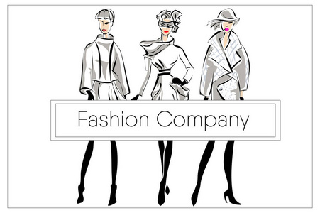 黑色和白色复古时尚女性模型设置与精品标志矢量背景