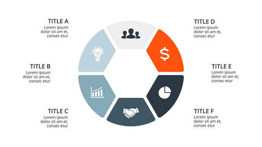 矢量圆圈箭头图 循环图 几何图 演示文稿图表。经营理念与 6 选项 配件 步骤 流程。16 x 9 幻灯片模板