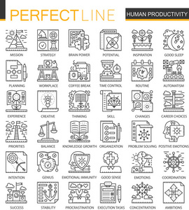 人类生产力分级显示迷你概念符号。时间管理和纪律现代脑卒中线性的插画风格设置。完美的细线图标