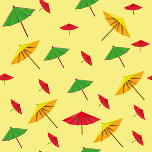 无缝模式。在黄色背景上五颜六色的雨伞