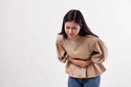 胃疼, 月经痉挛, 腹痛的女人照片