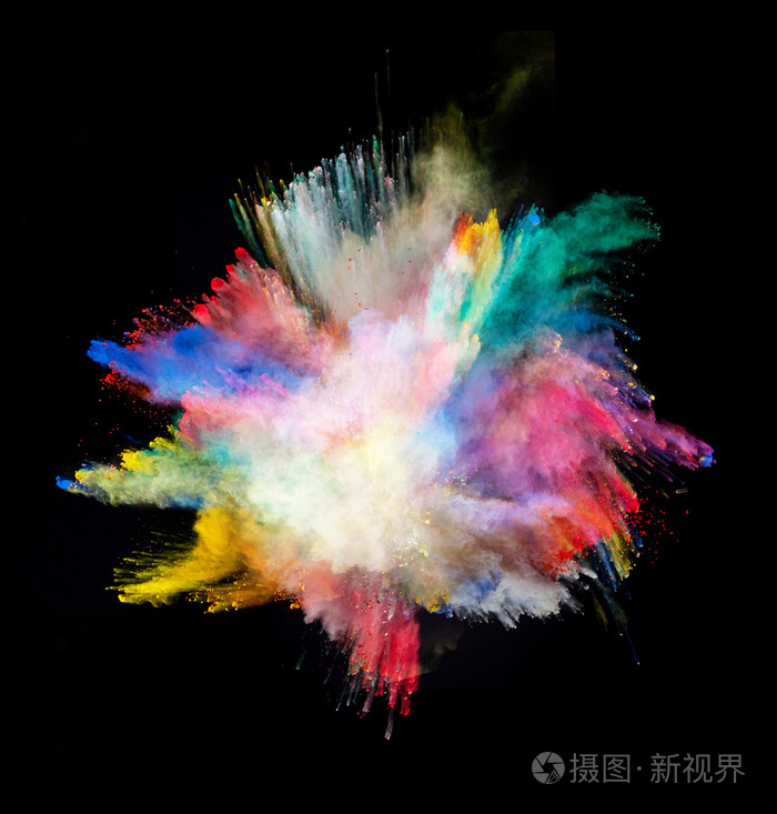 在黑色背景上的彩色的粉尘爆炸