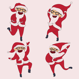 设置与可爱的舞蹈圣诞老人，手工绘制在不同的舞步。闭着眼睛的可爱性格与向量集合