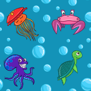 在白色背景上一只可爱的卡通鲸鱼的水彩画插图可爱的水下无缝图案海洋