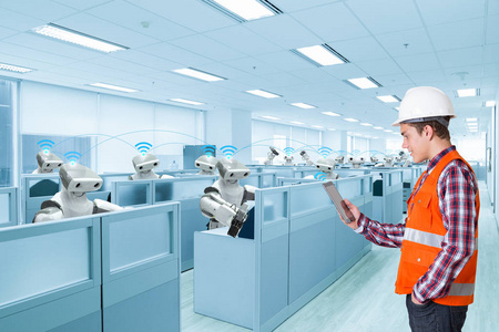 工程师用数字平板电脑通信技术 4.0 概念自动机器人室照片