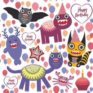 生日快乐有趣的怪物方卡设计。无缝背景矢量