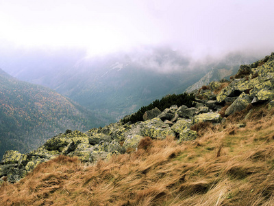 秋天，山顶在云端。山间小道