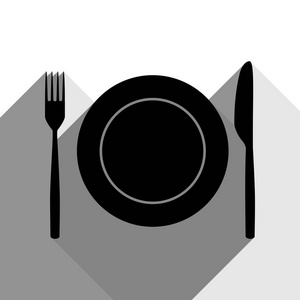 餐叉，刀和盘子的标志。矢量。有两个扁平的灰色阴影，白色背景上的黑色图标