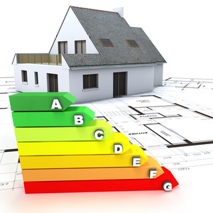 3Drendering av ett hus p toppen av ritningar, med energieffekt