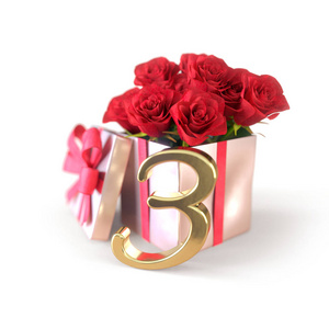 生日概念与红色玫瑰在白色背景上孤立的礼物。第三个。3.3d 渲染