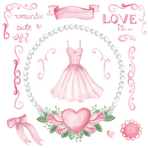 水彩送礼套水彩送礼，婚礼 set.pink 衣服和粉红色 roses,pearls,heart.cute 老式 elements