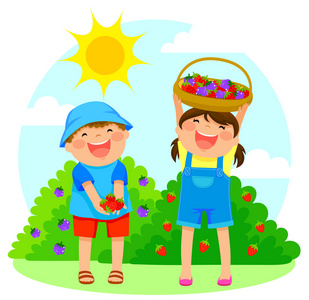 谢谢你谢谢你手绘矢量艺术字阳光明媚的夏日,孩子们在水果场摘草莓.