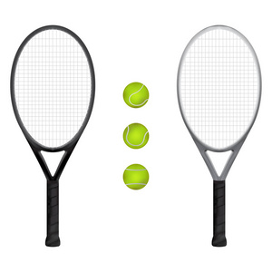 孤立的铝灰色和黑色的网球拍和网球球与白色背景。矢量。插图。平面设计