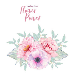 水彩手绘粉色银莲花和牡丹花束孤立