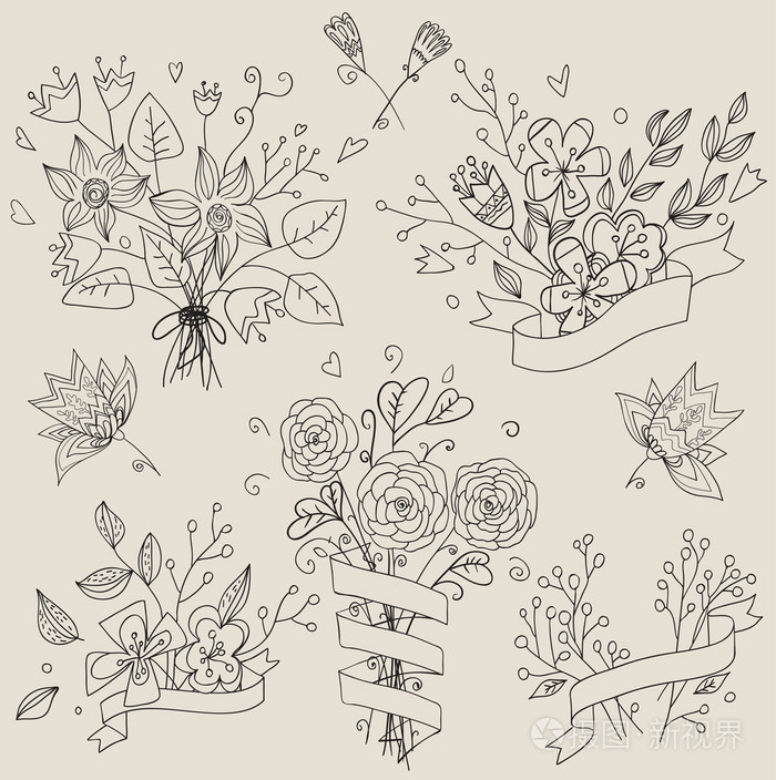 手绘可爱花束的集 在向量中的复古花标签插画 正版商用图片0cqvjd 摄图新视界