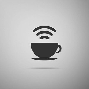 杯的咖啡厅与免费 wifi 上网区标志。互联网连接帖图标孤立在灰色的背景上。平面设计。矢量图