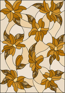 插画风格的彩绘玻璃用交织在一起的百合花和树叶，口气棕色，棕褐色