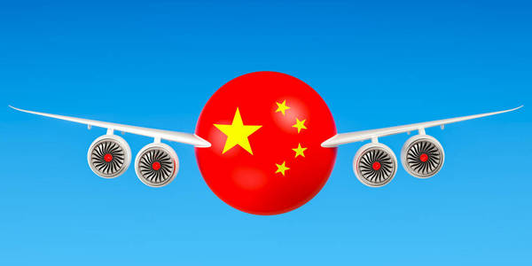 中国的航空公司和飞行，飞行到中国概念。3d 撕裂