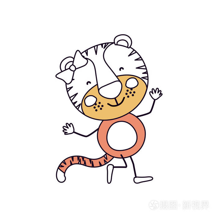 轮廓颜色部分漫画的可爱的表情女虎妞在舞蹈姿态与弓花边插画 正版商用图片0cr90z 摄图新视界 轮廓颜色部分漫画的可爱的表情女虎妞在舞蹈姿态与弓花边插画 正版商用图片0cr90z 摄图新视界