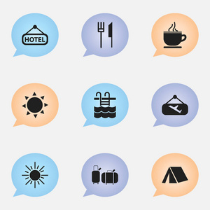 9 可编辑的旅程图标集。包括招牌 早餐 飞行招牌等符号。可用于 Web 移动 Ui 和数据图表设计
