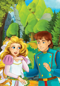 卡通场面与一些美丽的已婚夫妇在森林例证为孩子