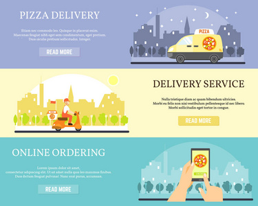 食品交付矢量横幅。比萨饼在线上互联网使用的智能手机。披萨用车和摩托车