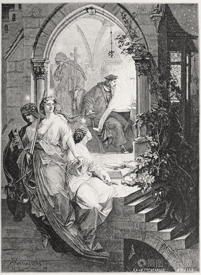 经典插图描绘浮士德 》 坐在他的研究在晚上