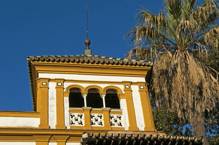 西班牙 观小巷与宫殿的 Barrio de 圣克鲁斯，塞维利亚主要旅游邻里和中世纪城市的前犹太区