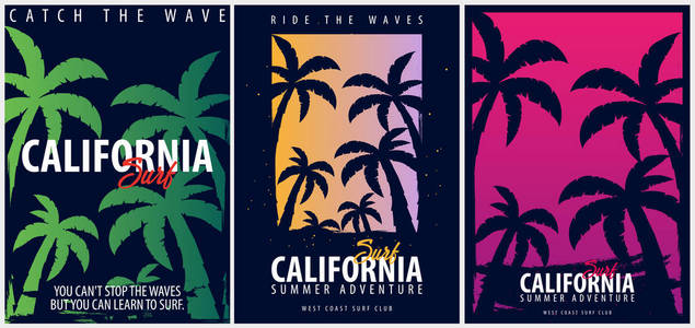 棕榈树的冲浪图形集。T 恤设计和打印