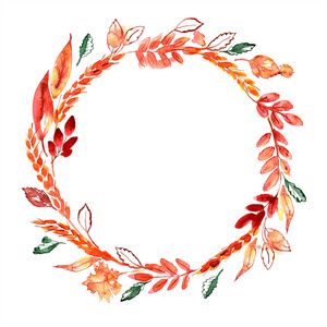 水彩手绘用耳朵和橙色树叶秋天花环。感恩节的装饰